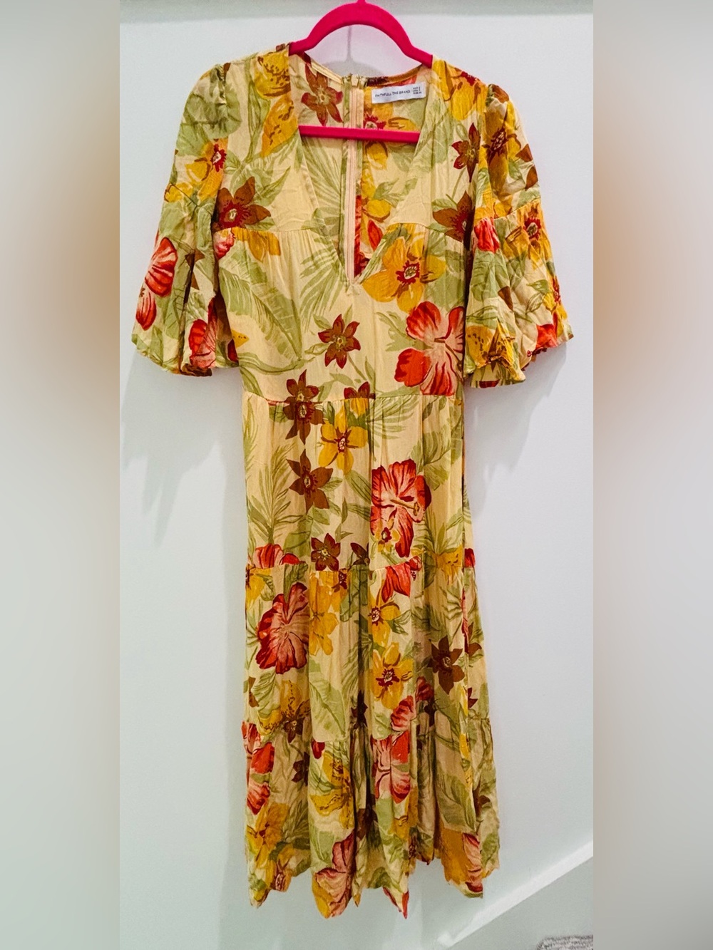 Faithfull the Brand Yellow Floral Tiered Maxi Dress with Red and Green Accents
